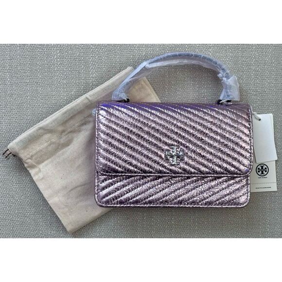 TORY BURCH MINI KIRA MOTO QUILT METALLIC TOP-HANDLE CROSSBODY, SPARKLE PINK - Picture 2 of 12